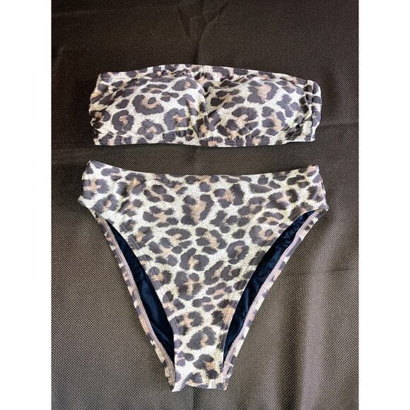 MICHAEL KORS Leopard 2 Piece Bikini Set High Waist Bottom Padded Bandeau Top S M - Picture 1 of 4
